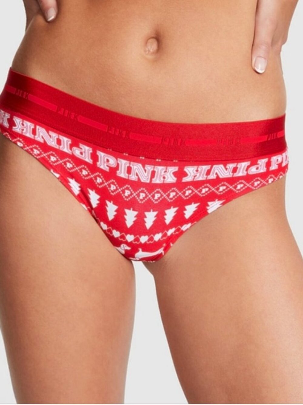 Victoria's Secret PINK Logo Holiday Print Thong Red Pepper (M) NWT!